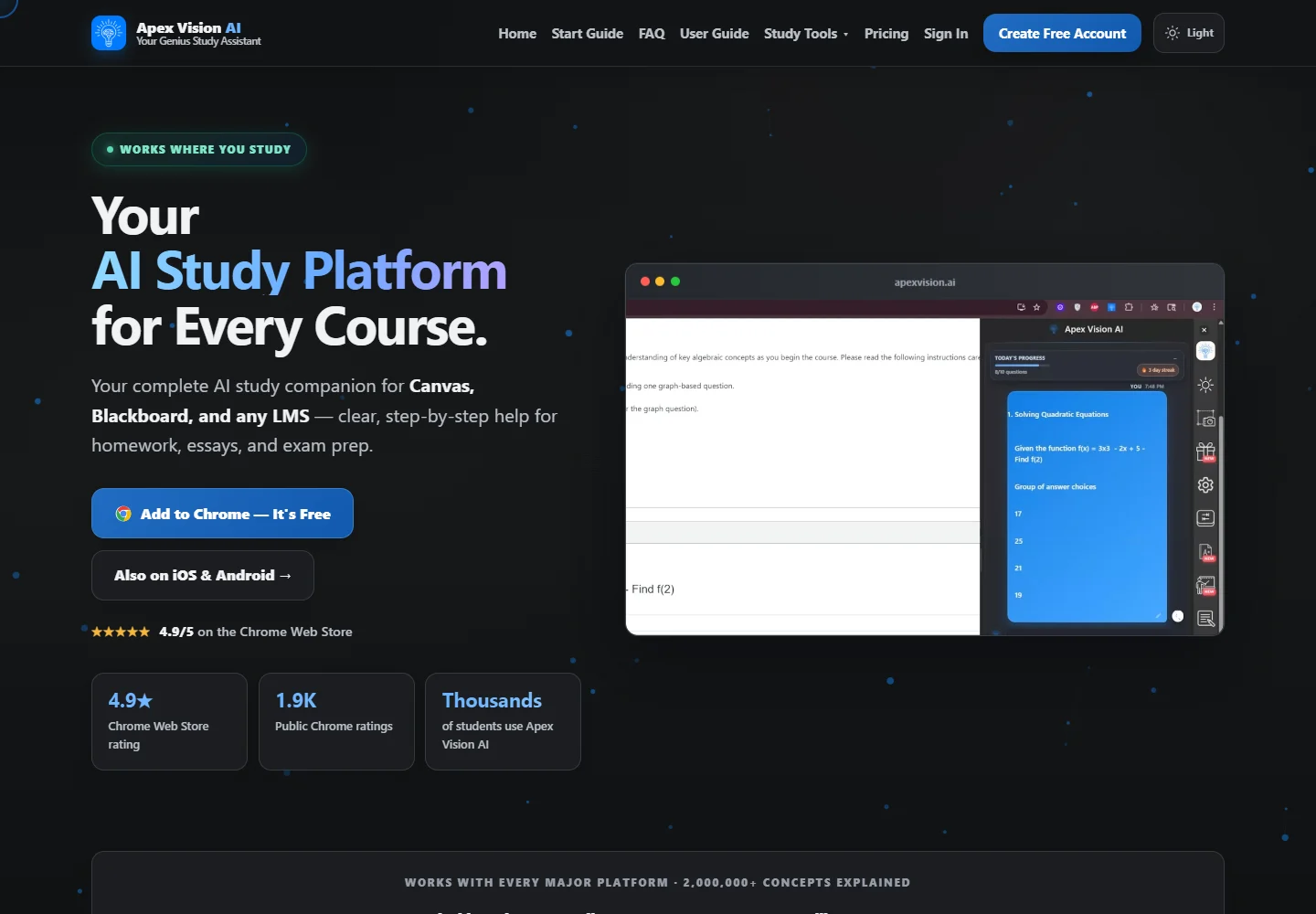 Current Apex Vision AI website, with its study platform and in-page homework help preview