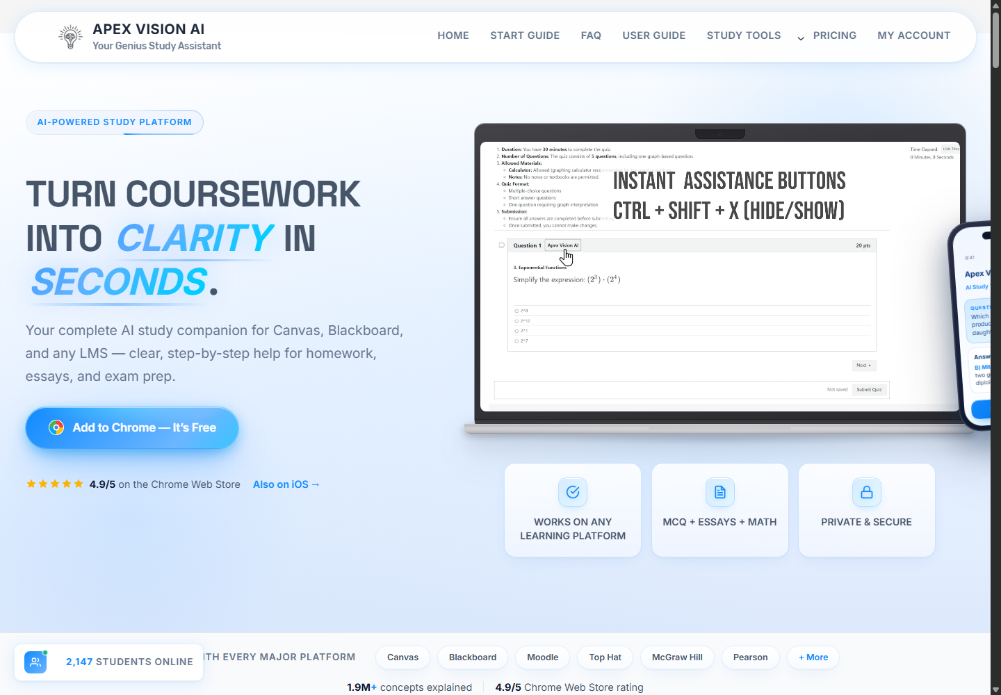 Apex Vision AI public homepage showing the AI study platform product interface
