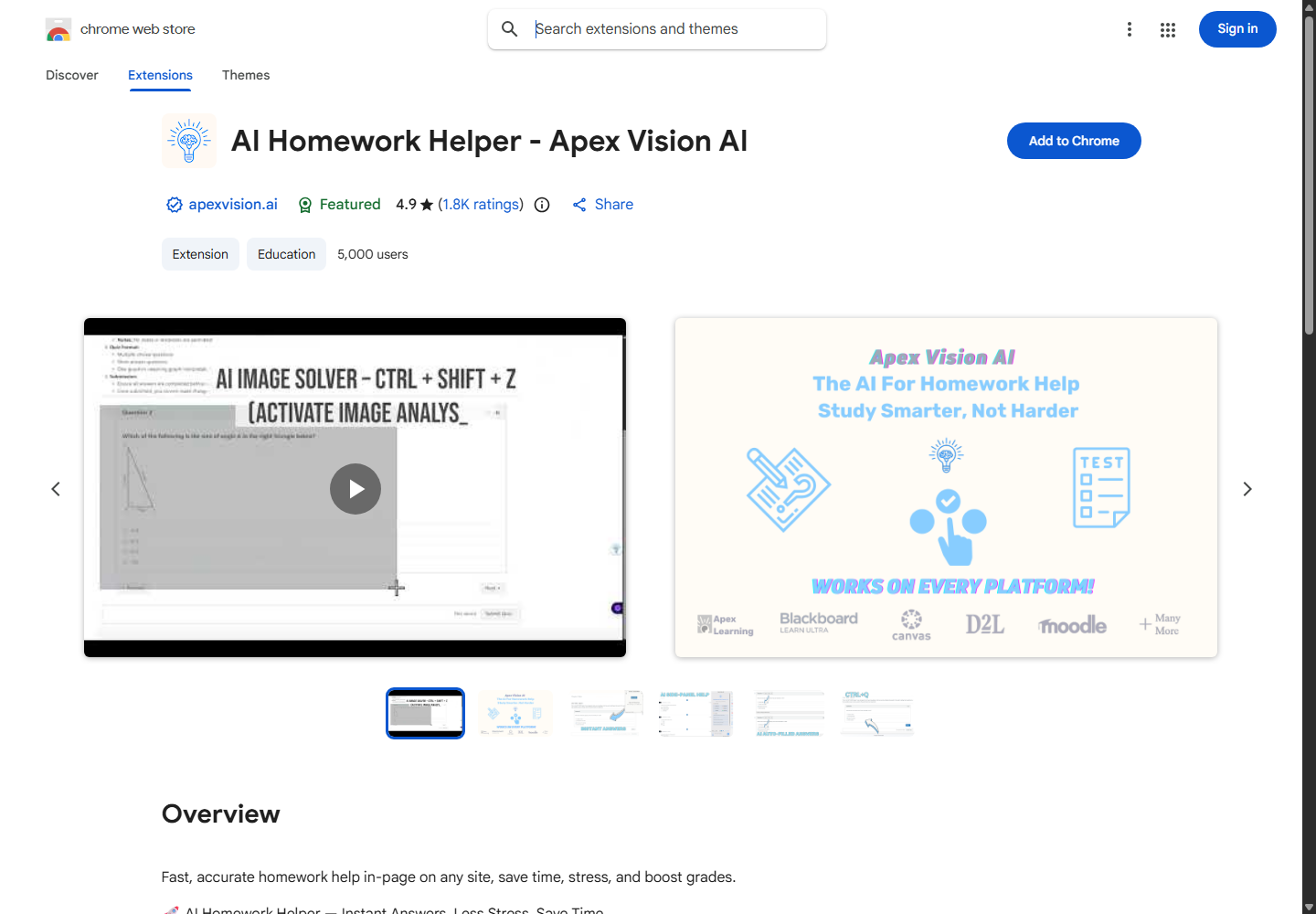 Chrome Web Store listing for AI Homework Helper - Apex Vision AI