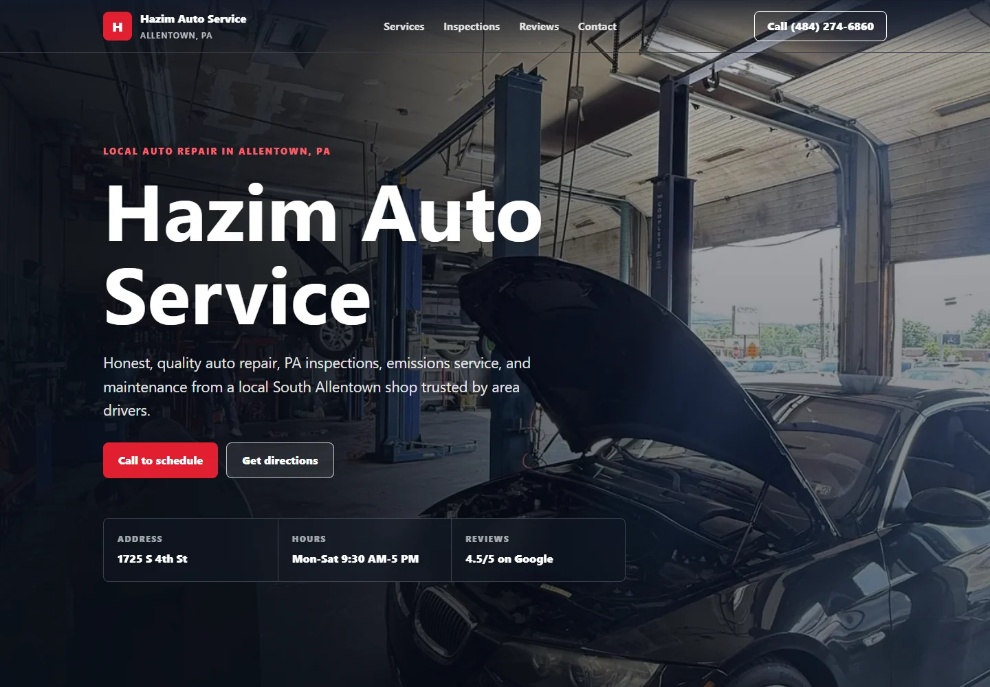 Hazim Auto Service’s current website featuring its Allentown repair shop