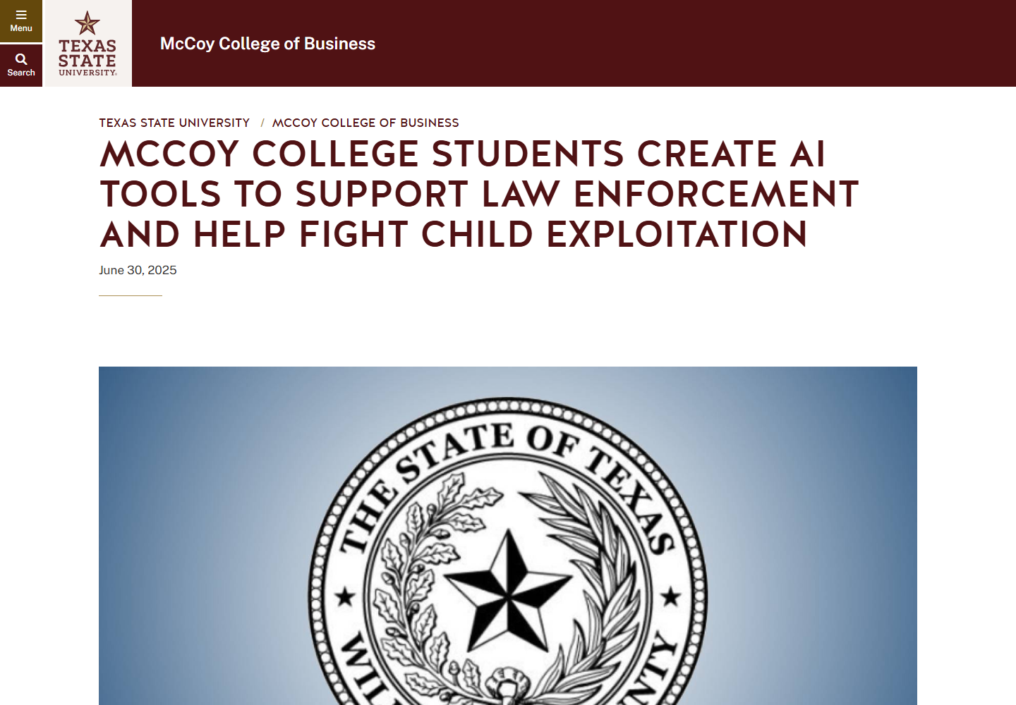 Texas State McCoy College capstone article screenshot